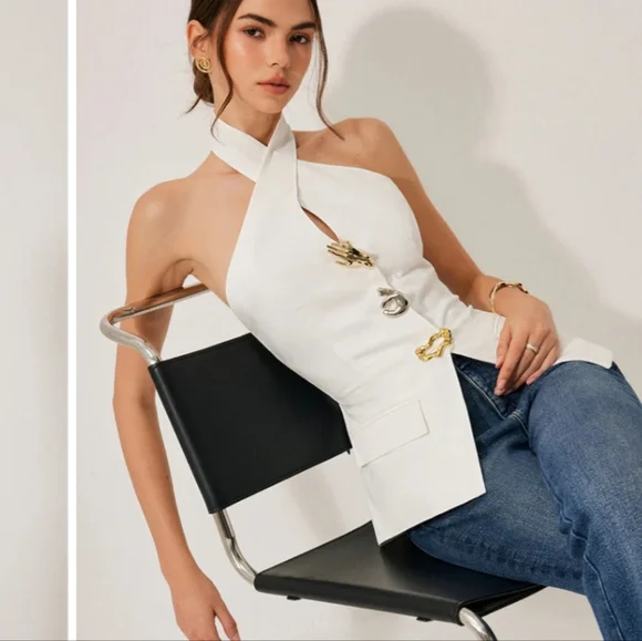 #6 Commense White Halter Top with Gold Accents - Picture 5 of 5